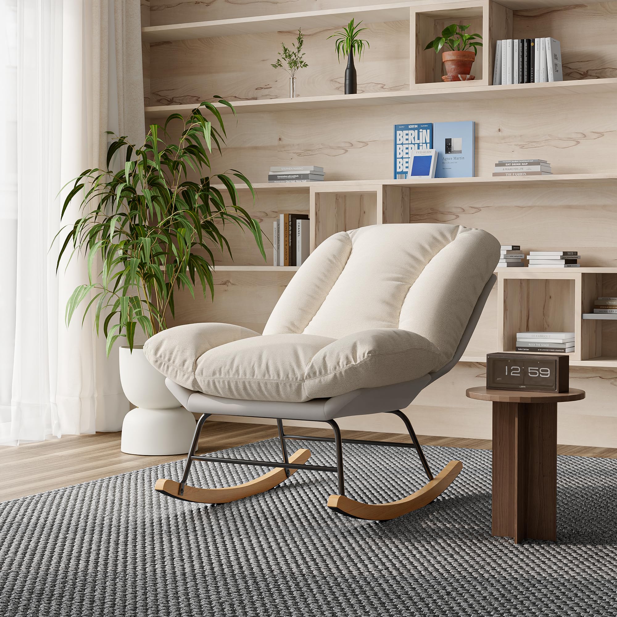 Fauteuil à Bascule, Rocking Chair, revêtement Bouclette, Fauteuils Allaitement, Chaise à Bascules, Fauteuil à Bascule Moderne, Rembourré en Tissu Beige, Cadre en Métal et Bois, Beige