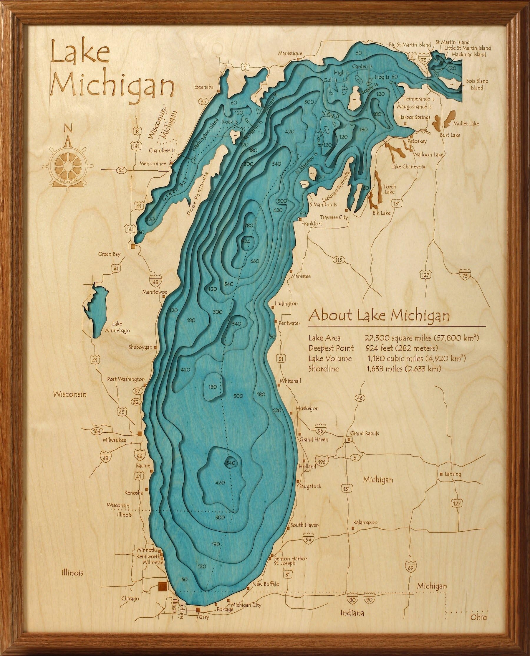 Rose Lake 16" x 20" Laser Carved Depth Map, Otter Tail County, MN