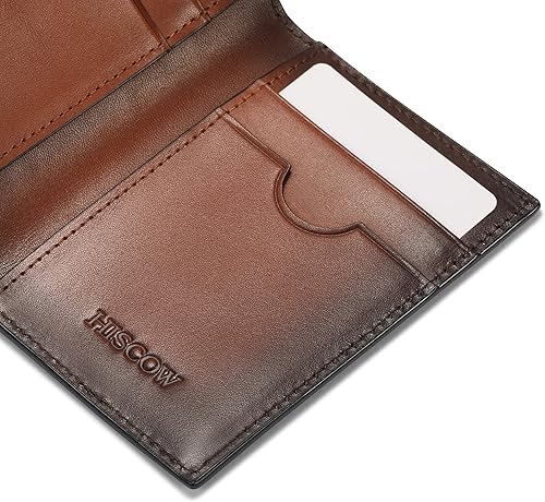 Miniatura 5 de Tarjetero de cuero delgado de 4cc para hombres y mujeres, piel de becerro italiana, Marrón cepillado, Vintage