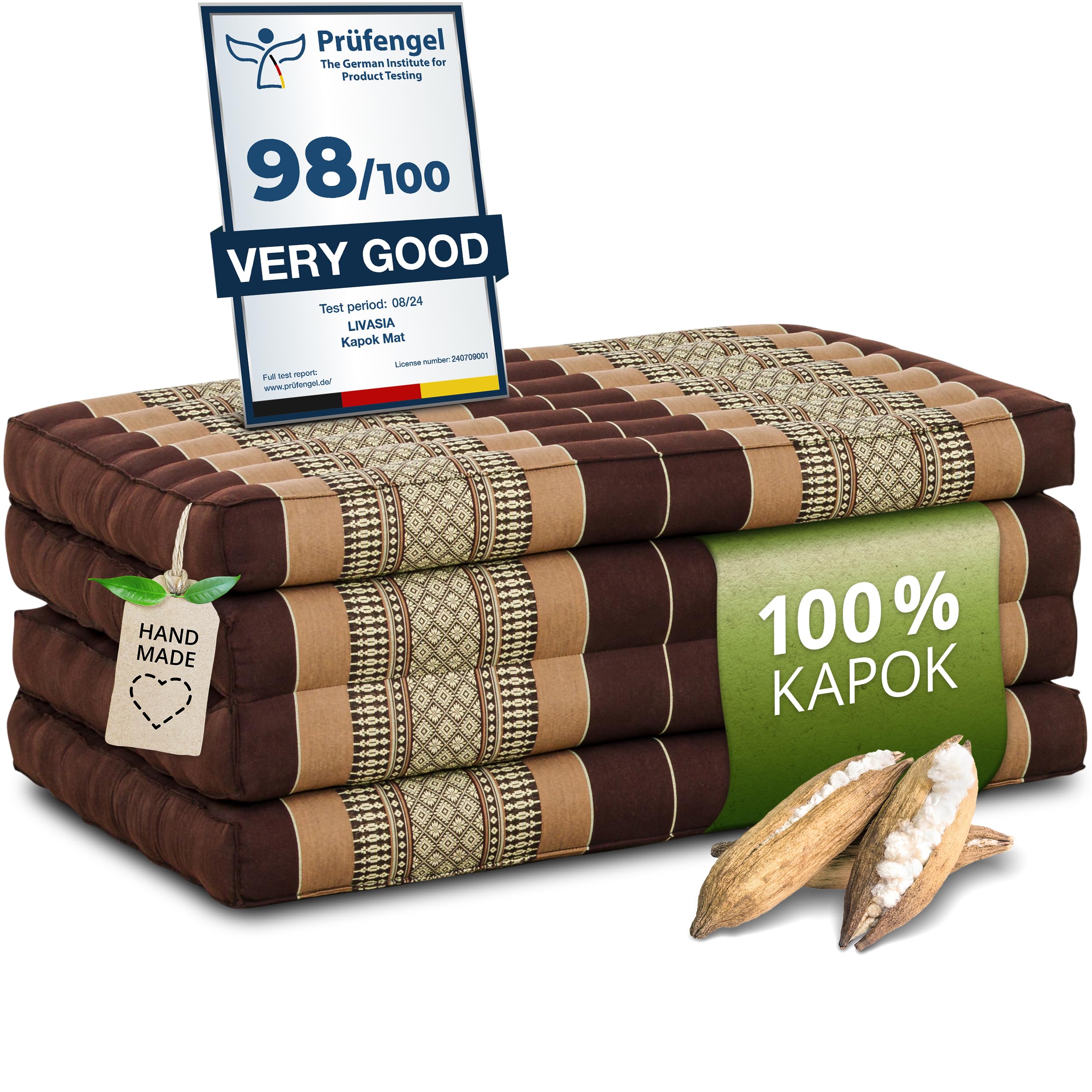 livasia Sustainable kapok mattress - 79x31x3.1″ - Guest mattress, Folding mat for van, Ecological yoga mat, Folding guest bed, Sun lounger for garden & balcony (Brown)