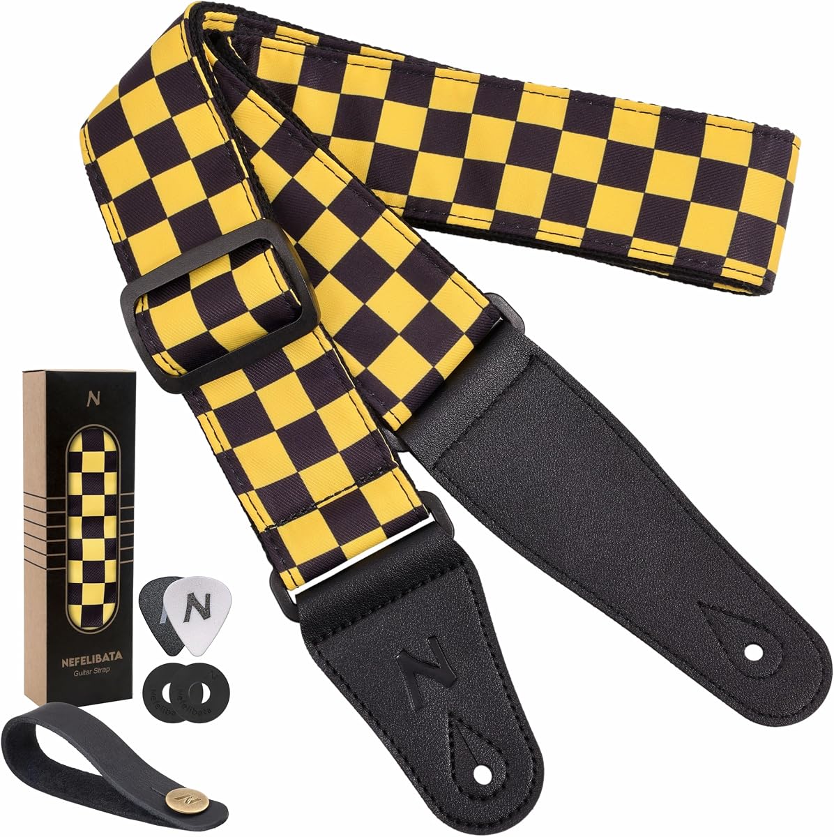 Correa de guitarra Nefelibata de 2 "de doble capa de algodón de diseño original Correas de guitarra ajustables con extremos largos de cuero para bajo, eléctrico y acústico, los mejores regalos para niños,guitarristas(tablero de ajedrez amarillo)
