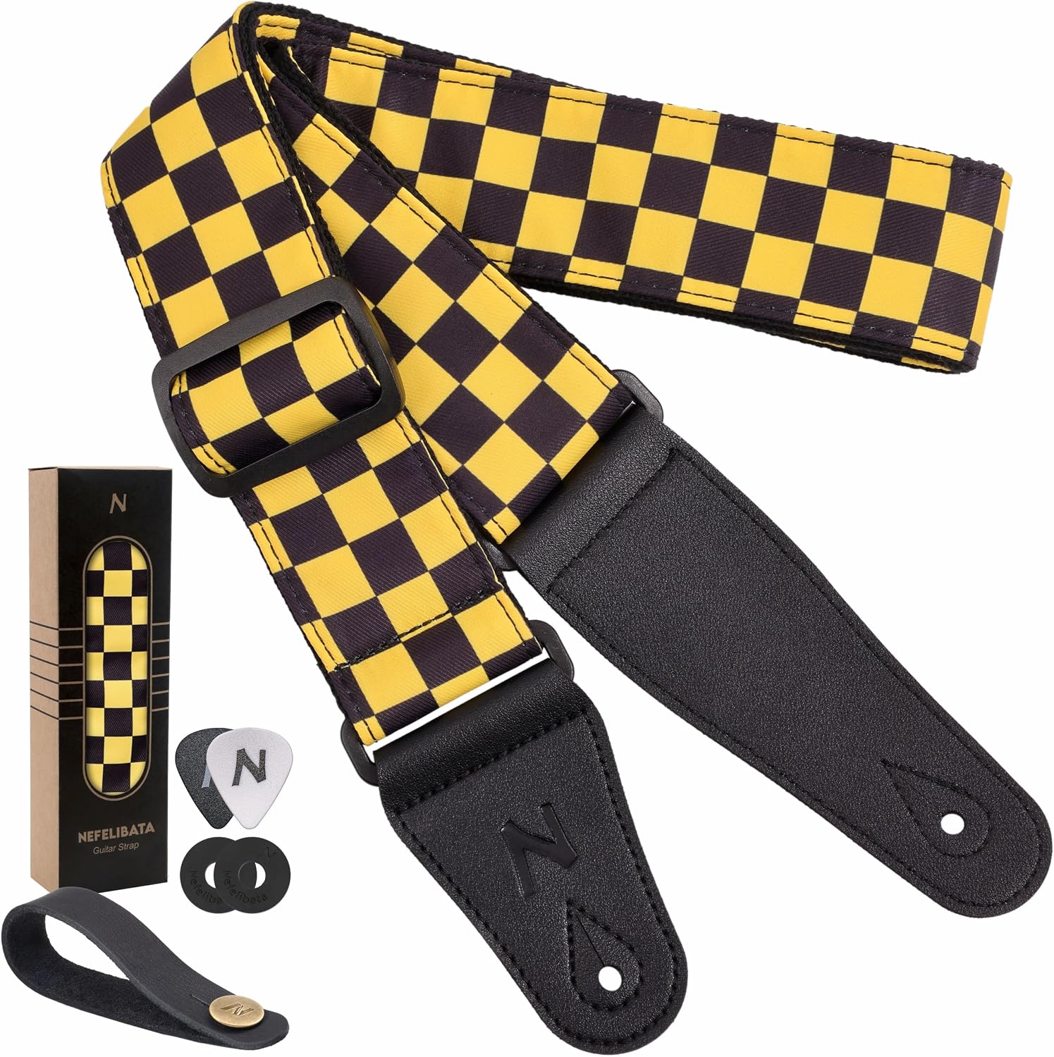Nefelibata Guitar Strap-2" Wide Double Layer Cotton Original Design Adjustable Guitar Straps with Long Leather Ends for Bass, Electric & Acoustic, Best Gifts for Kids,Guitarists(Yellow checkerboard)