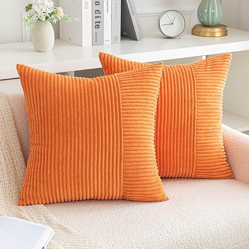 AQOTHES Juego de 2 fundas de almohada de pana a rayas naranjas de 18 x 18 pulgadas, cojines cuadrados decorativos para sofá, cama, sala de estar,