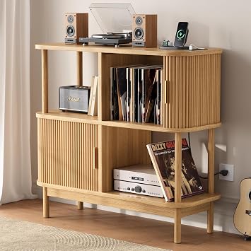 40" Large Record Player Stand with Charging Station, Mid Century Modern Turntable Cabinet with Sliding Doors, Wood Vinyl Record Storage Stand for Living Room Music Corner
