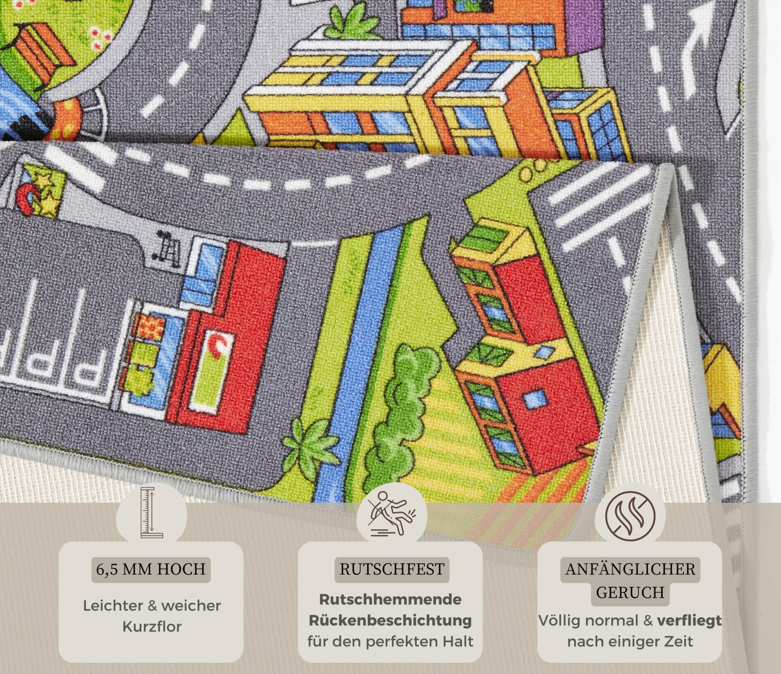 HANSE Home Play Smart City - Alfombra infantil antideslizante para niños y niñas, pelo corto, alfombra de juegos de ciudad, diseño de calle, para dormitorio, habitación de niños, sala de juegos, 90 x 200 cm
