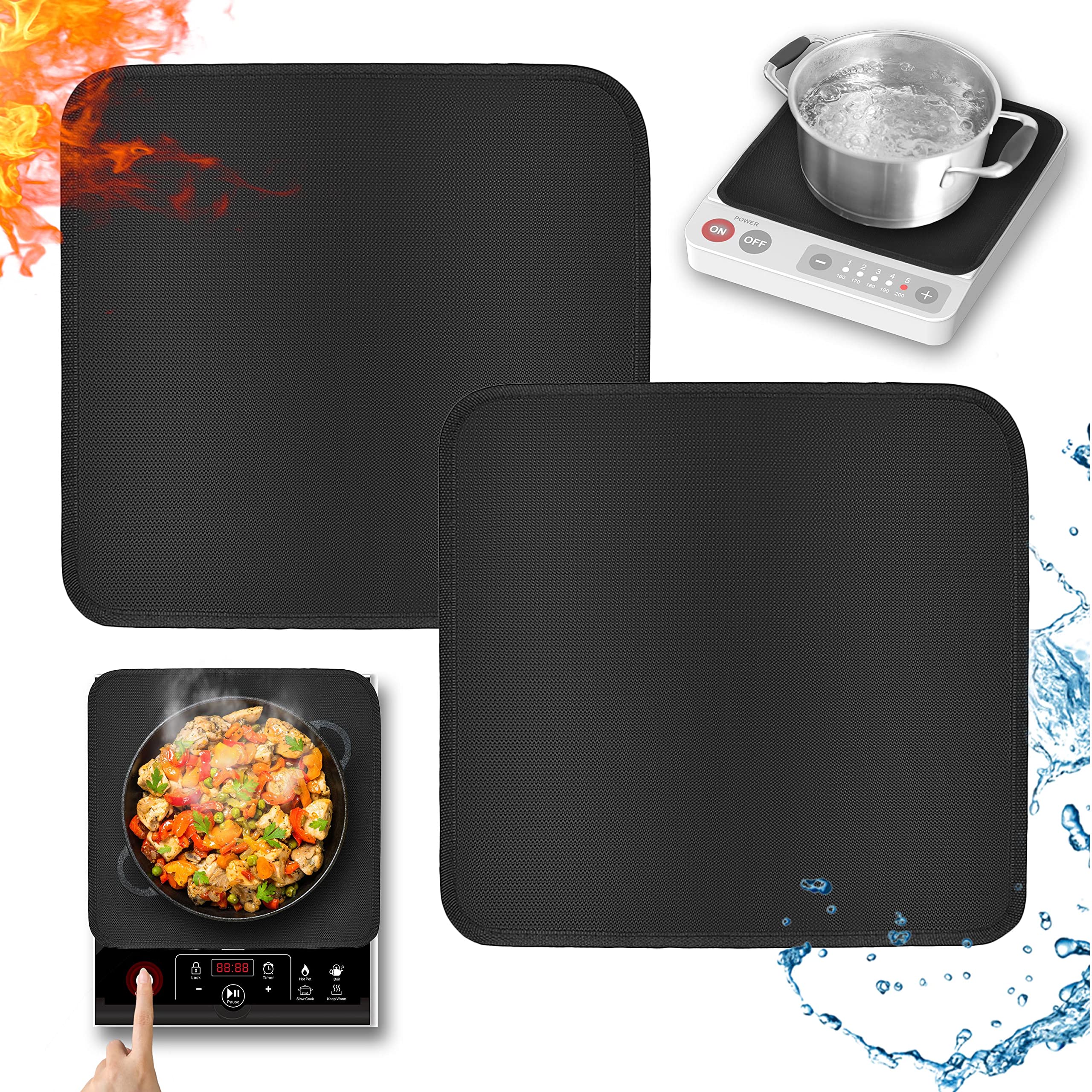 Amerbro Fireproof Induction Cooktop Protector - 11.5 x 11.5in (Magnetic) Induction Cooktop Mat for Electric Induction Stove - Heat Resistant & Waterproof - Prevent Scratches and Burns - Black (2 PCS)