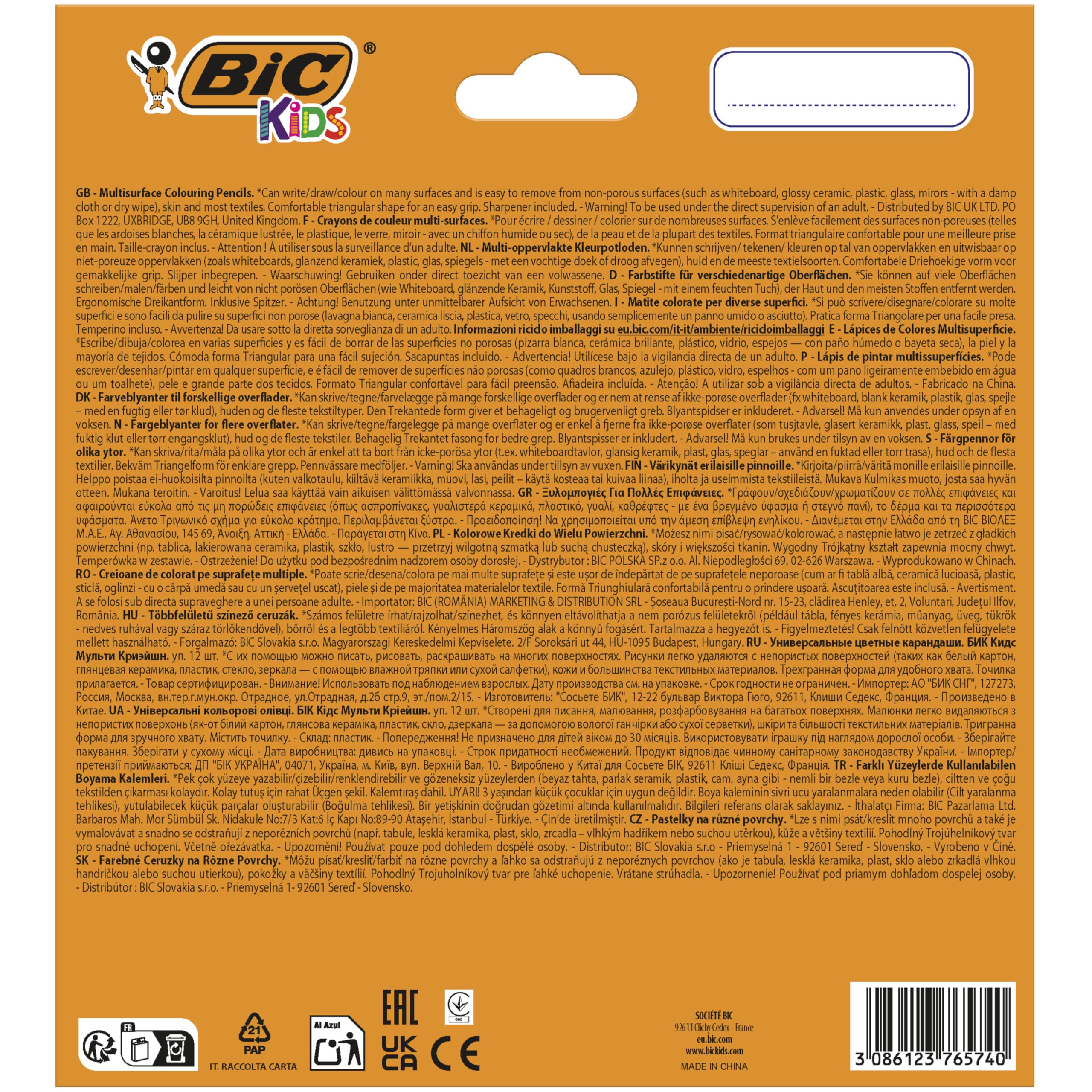 BIC Kids Crayons de Couleurs Multi-Surfaces & Usages (Ardoise, Tableau, Verre, Plastique, Bois..) - Etui carton de 12 Crayons Larges pour Enfants et Bebés,Mine XXL,Taille-Crayon Inclus
