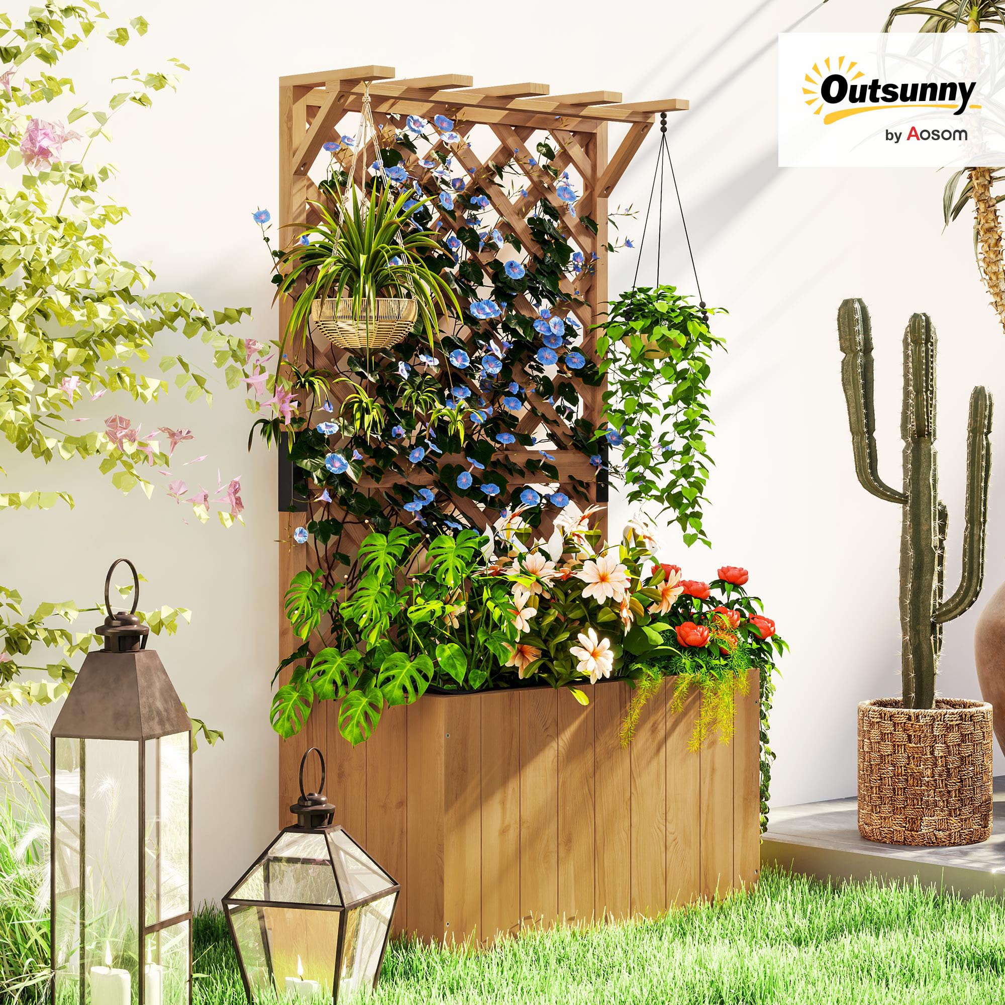 Outsunny Jardinière avec Treillis, bac à Fleurs, lit surélevé en Bois Massif avec Trous de Drainage et Doublure, pour Plantes grimpantes, légumes et Fleurs, 64 x 33 x 122 cm, Bois Naturel