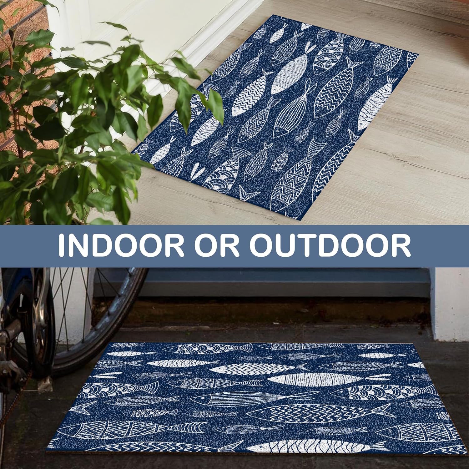Navy Blue Fish Nautical Door Mat, Lake Beach House Decor Doormat Non-Slip for Front Door Porch Indoor Outside Entrance Entryway, Blue Fishing Lake Beach Welcome Mat, 17x30 Inch