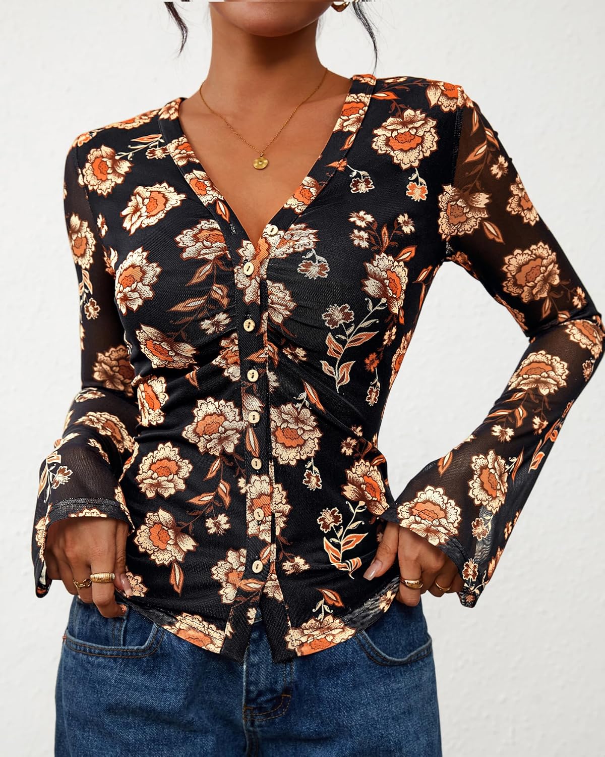 BTFBM Button Down Shirts for Women 2026 Spring Boho Tops V Neck Long Sleeve Blouses Ruched Mesh Fitted Fall Fashion - Image 3