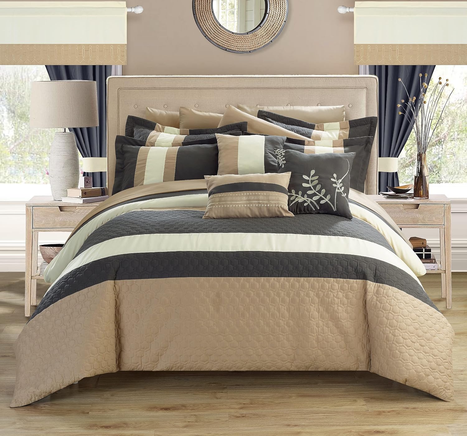 Chic Home Covington 24 Piece Comforter Set Embroidered Bed in a Bag with Sheets Curtains, Queen, Grey,CS3026-AN