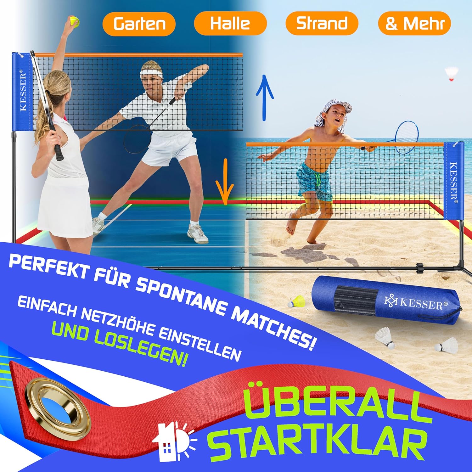 KESSER® Badminton Net, Tennis Net, 300 cm, 400 cm, 500 cm, Shuttlecock Net, 3-Way Height Adjustable, Set Consisting of Net, 3 x Shuttlecocks, Sturdy Iron Frame, Transport Bag, Indoor and Outdoor