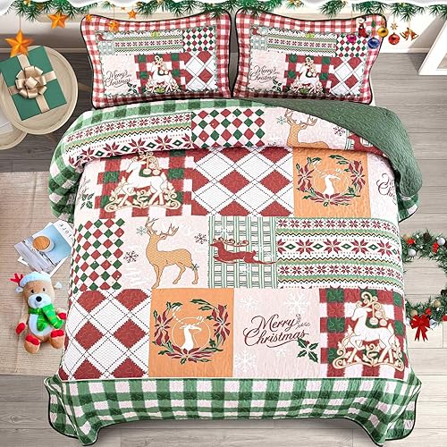 Miniatura 3 de Juego de edredón de Navidad, colcha reversible tamaño Queen, ropa de cama de retazos a cuadros rojos y verdes, funda de cama ligera, juego de ropa