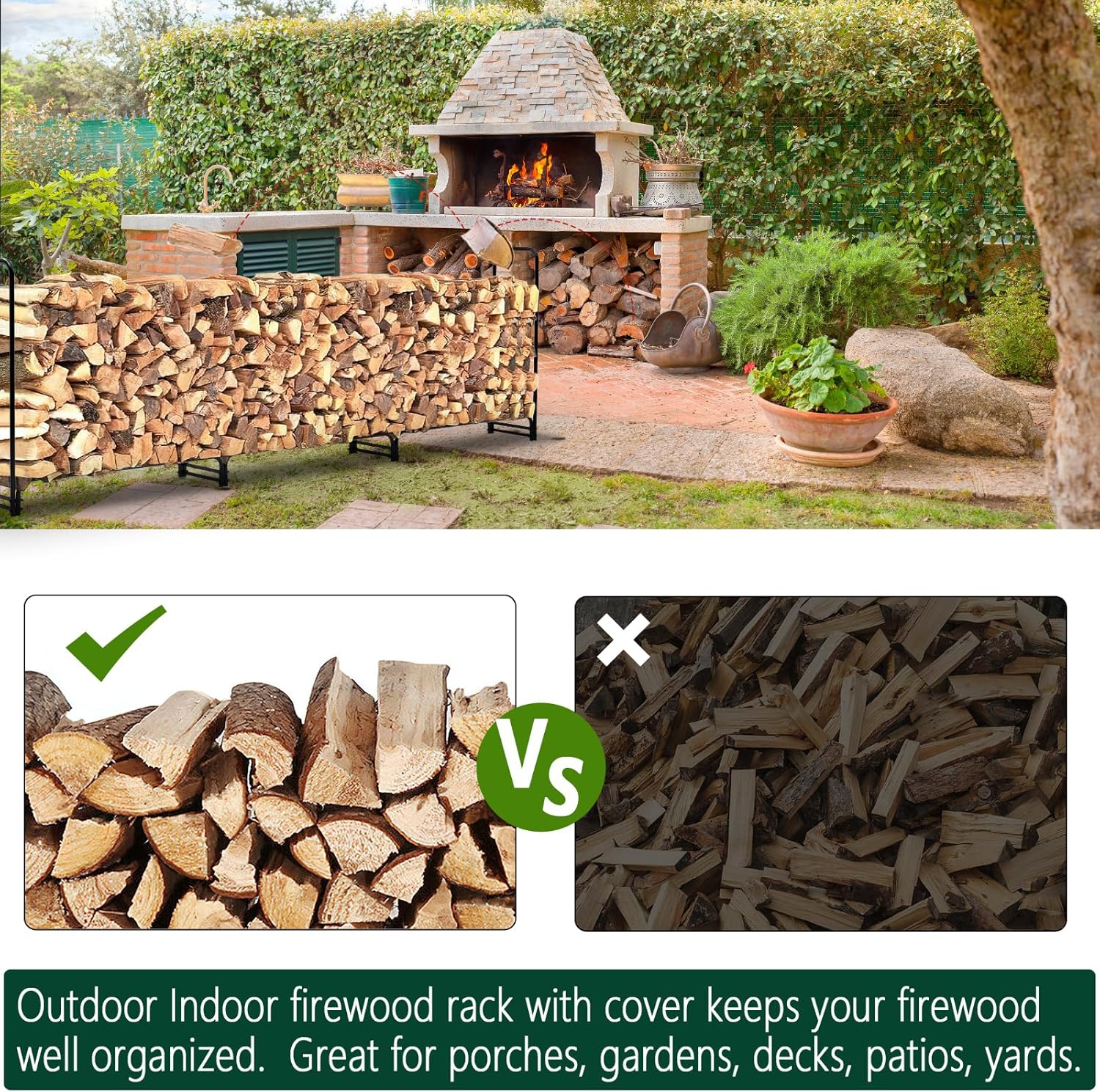 12.5FT Outdoor Firewood Rack with Cover, 3/4 Cord of Firewood, Heavy Duty Firewood Holder & Waterproof Cover for Fireplace, Patio, Log Storage Rack for Firewood 150in*47in*14in Outdoor Indoor