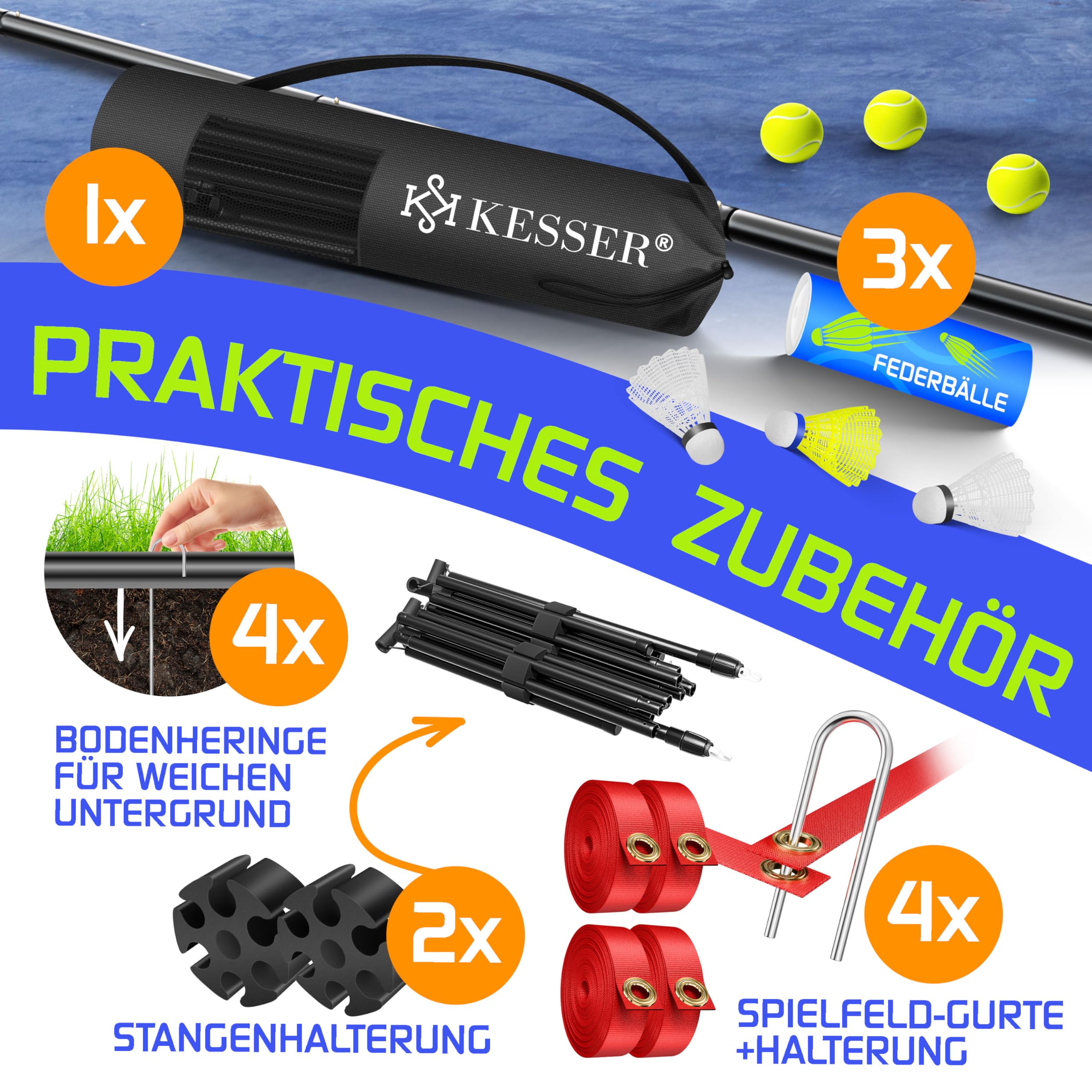 KESSER® Badmintonnetz Tennisnetz | Federballnetz 3-Fach-Höhenverstellbar 107/120/155cm, Set bestehend aus Netz, 3X Federball & 3X Tennisball, Transporttasche, stabilem Eisen-Gestell, Indoor & Outdoor
