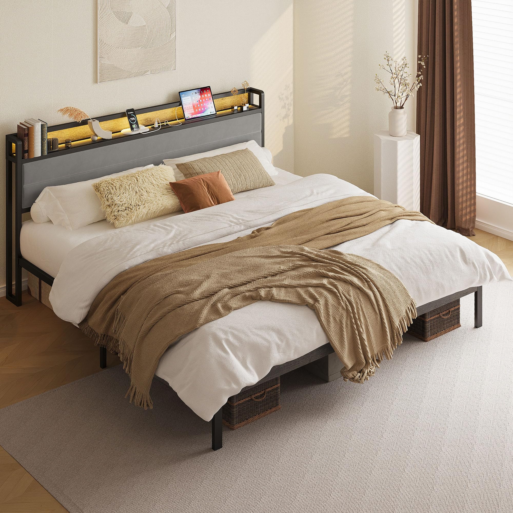 LIKIMIO California King Bed Frame with Storage Headboard & LED Lights, Metal Platform Bed with Charging Station, Noise Free, No Box Spring Needed,