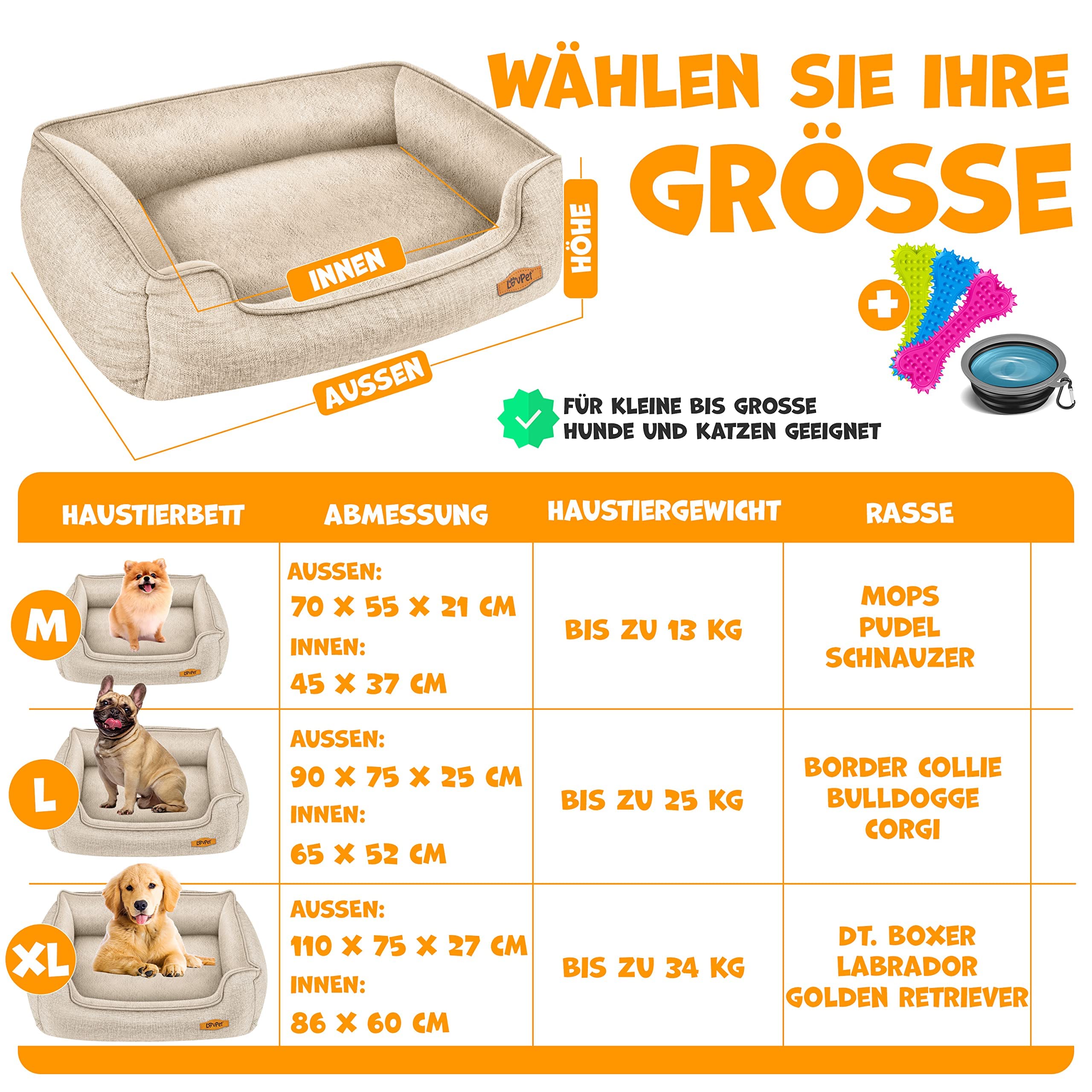 Lovpet® Cuccia per Cani Cuscino per Cani Letto per Cani, incl. Ciotola + 3X Ossa da Masticare, Cuscino per Divano per Cani di Ogni Taglia, Rivestimento Rimovibile e Lavabile, XL 110 x 75 x 27 cm