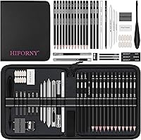 HIFORNY 42-Piece Drawing Set: Graphite & Charcoal Pencils, Blending Tools, Erasers in Portable Zipper Case for Artists Beginners
