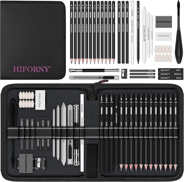 HIFORNY 42 PCS Drawing Set, Sketching Kit with Graphite & Charcoal Pencils, Blending Tools, Erasers & Accessories, Portable Zippered Travel Case for Artists & Beginners