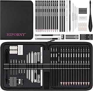 HIFORNY Conjunto de desenho de 42 peças, kit de desenho com lápis de grafite e carvão, ferramentas de mistura, borrachas e acessórios, estojo de viagem portátil com fecho de correr para artistas e