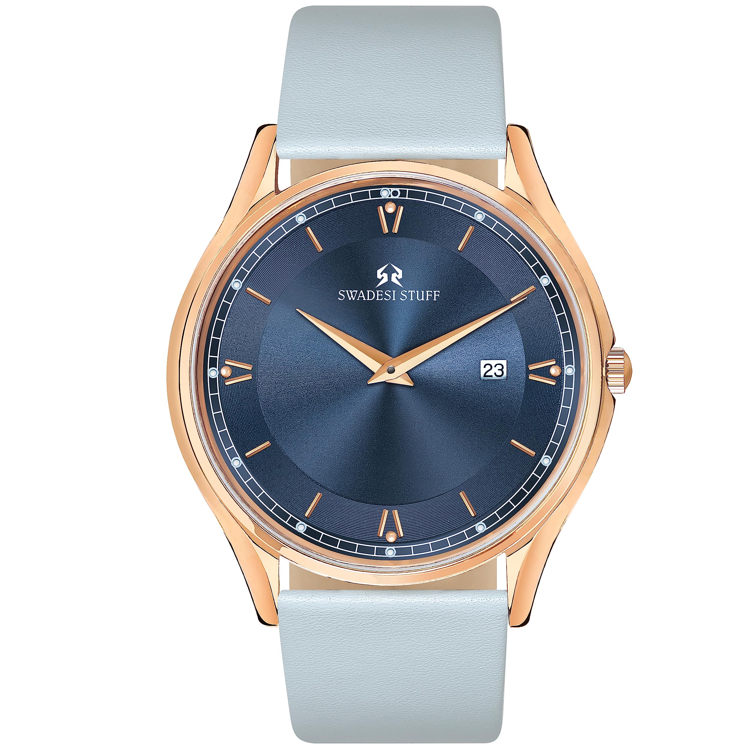 SWADESI STUFF The Classique II Blue Date Dial Premium & Luxurious Grey Genuine Leather Strap Analog Watch for Men (B0C77TRC4C) Amazon Price History, Amazon Price Tracker