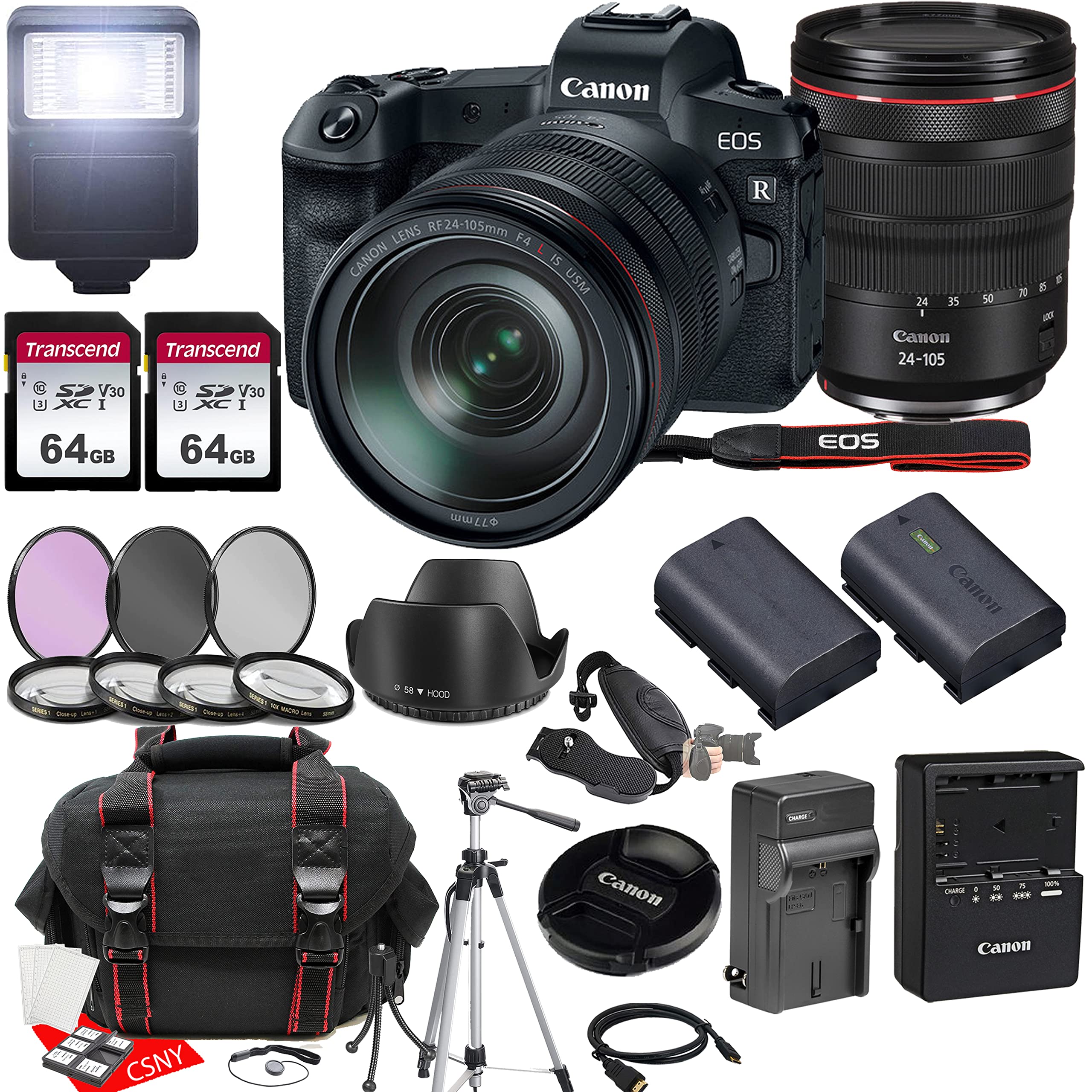 Canon EOS R Mirrorless Camera w/RF 24-105mm f/4 L is USM Lens + 2X 64GB Memory + Hood + Case + Filters + Tripod + More (33pc Bundle)