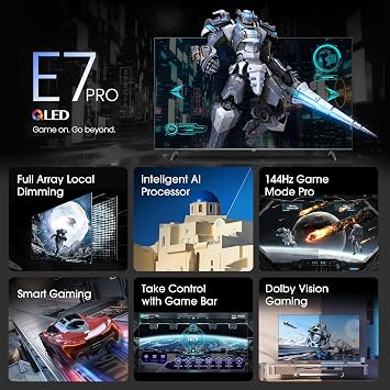 Hisense 55 Inch 144Hz 4K QLED Smart Gaming TV 55E7NQTUK PRO - Full Array Local Dimming, Dolby Vision Atmos, Freesync, Subwoofer, Vidaa OS with Freely, Youtube, Netflix and Disney+ (2024 Model) [Energy Class F]
