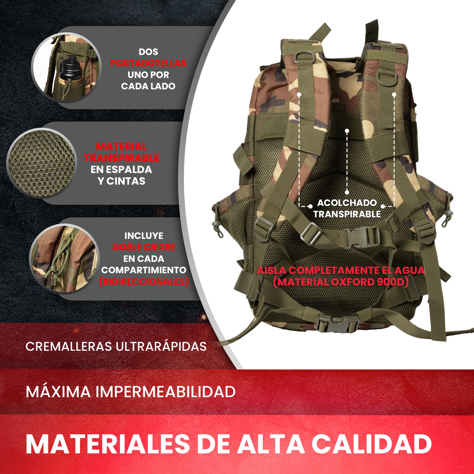 Mochila Crossfit - Mochila táctica 45L militar Impermeable, Compartimentos Organizados, para Gimnasio y Viajes - Duradera y Versátil personalizable con parches incluidos