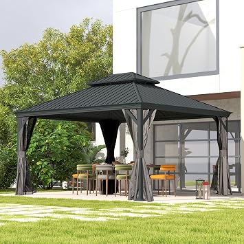 Domi 12 X 14 Hardtop Gazebo, Upgraded Metal Gazebo with Drainage System, Dual-Layer Galvanized Steel Roof, Curtain and Netting, Outdoor Shelter Canopy for Patio, Garden, and Backyard, Grey
