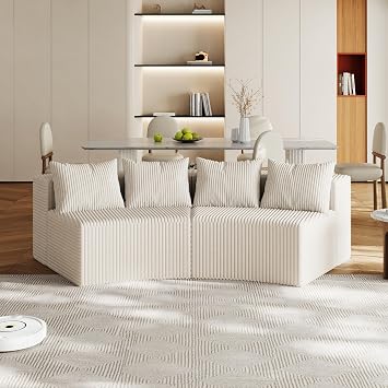 KEIKI Corduroy Curved Sectional Sofa, 2 Seater Symmetrical Modular Semi Circular Couch, Deep Seat Tufted Corner Sofa for Living Room, Lobby, Beige