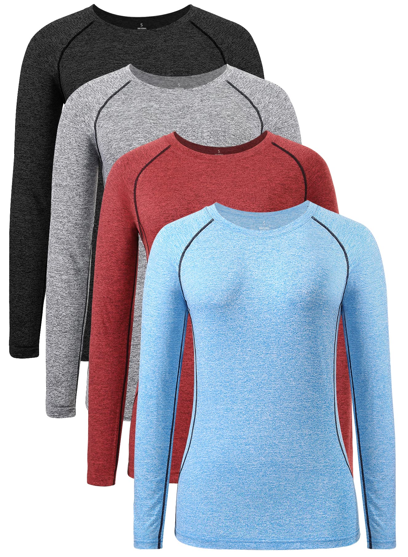 3-4 Pack Dry Fit Long Sleeve Tshirt for Women Moisture Wicking Long Sleeve Tee Outdoor Compression Running Workout Tops