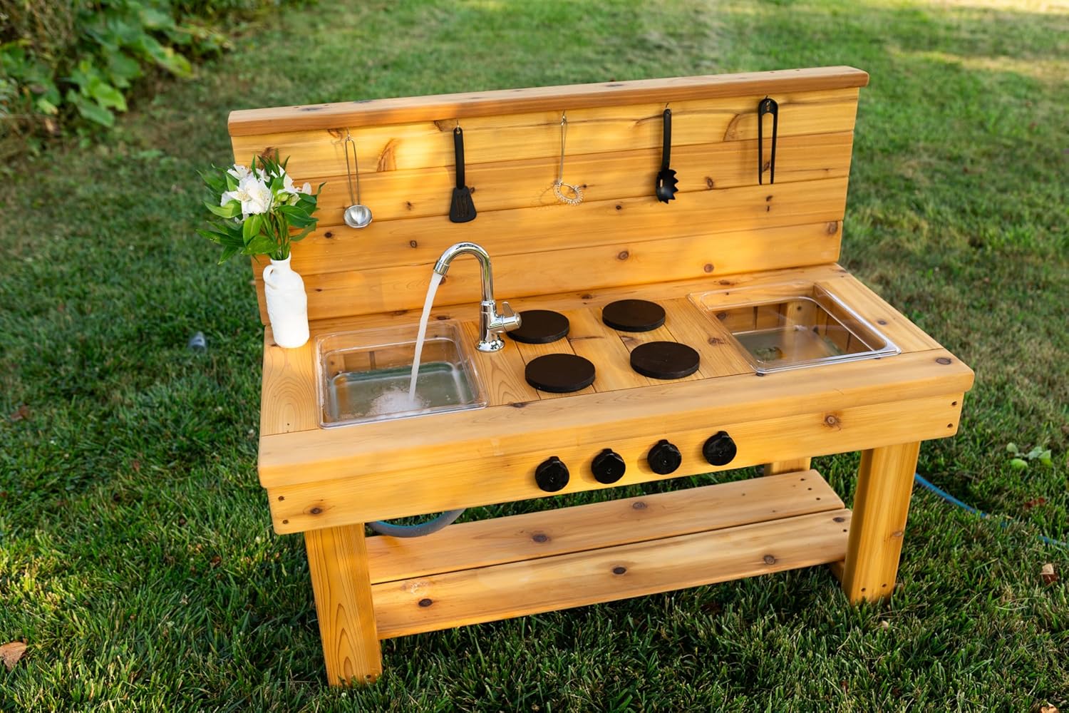 Noble Toys XL Cedar Outdoor Mud Kitchen Centered with Backsplash and Stovetop for Toddlers Kids | Pretend Play Table | Sensory Table | Outside Playset | Real Wooden Kitchens | Preschool Equipment