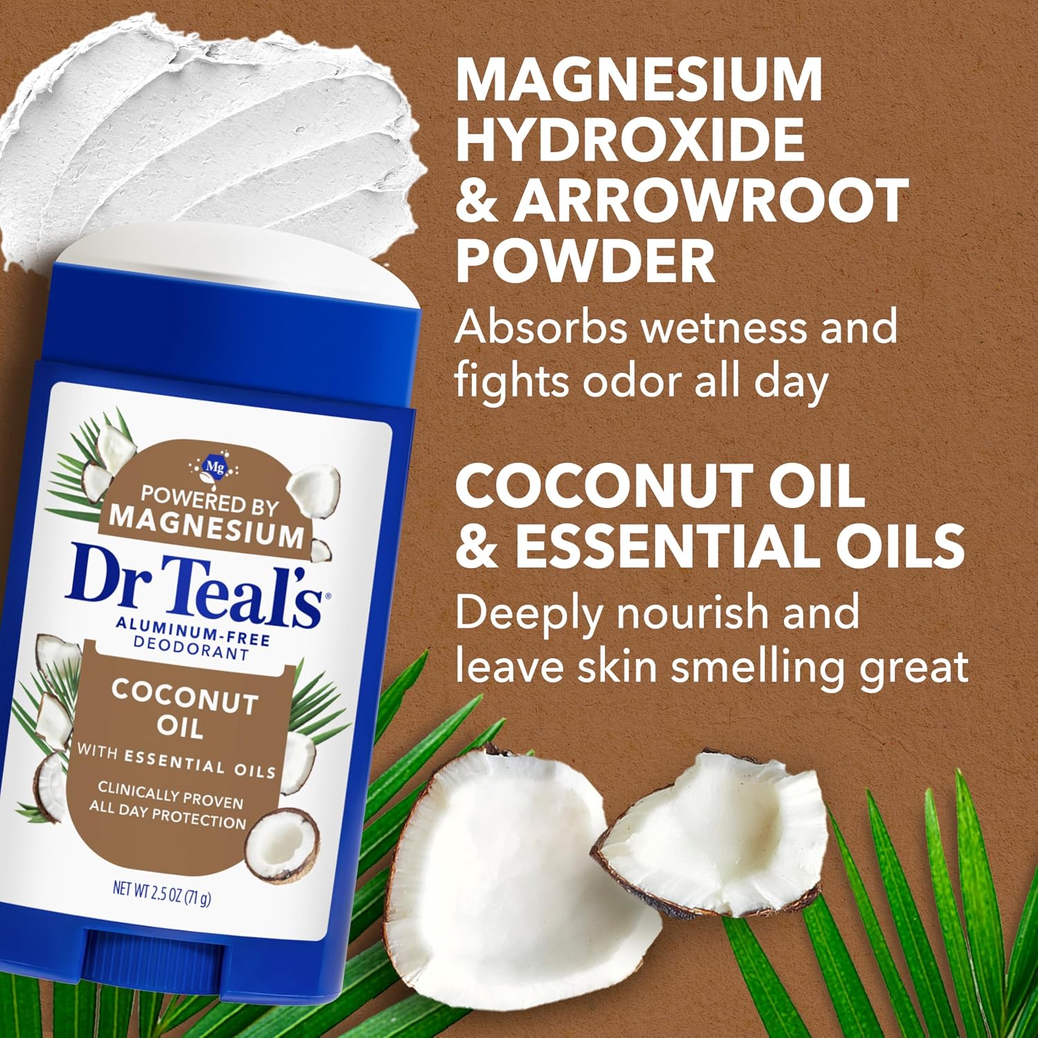 Dr Teal's Aluminum-Free Deodorant, Coconut Oil with Essential Oils, 2.5 oz (Pack of 3)