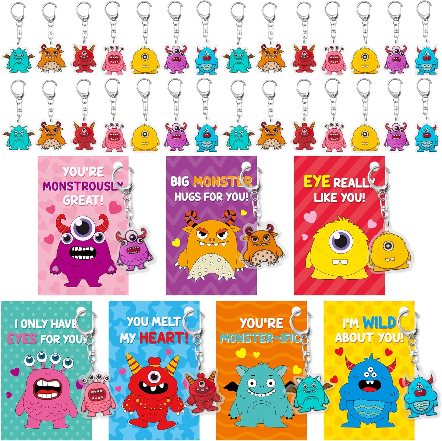 Haooryx Cute Cartoon Monster Keychains with Greeting Cards Christmas Gift