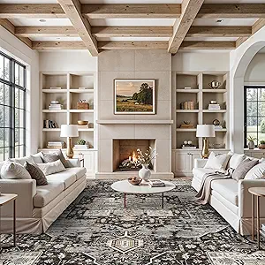 Living Room 12x15 Area Rug - Large Washable Area Rugs with Non Slip Backing Stain Resistant Carpet Indoor Soft Carpets Distressed Decoration Mat for Bedroom Dining Room 12x15 Black
