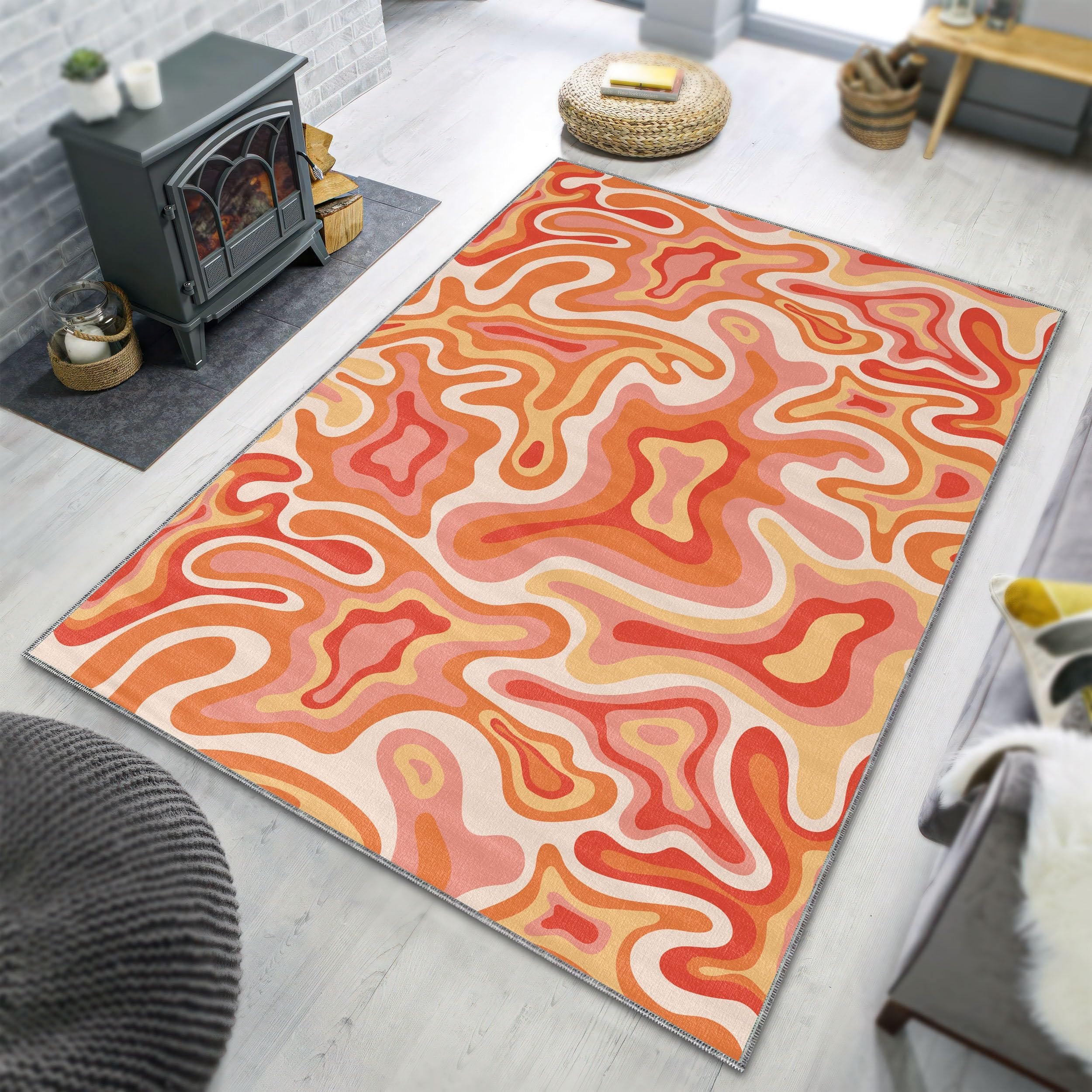Tapis Orange Rose Abstrait Fluide, Style rétro des années 1970, antidérapant, Lavable, pour Salon et Chambre à Coucher (100 x 150 cm)
