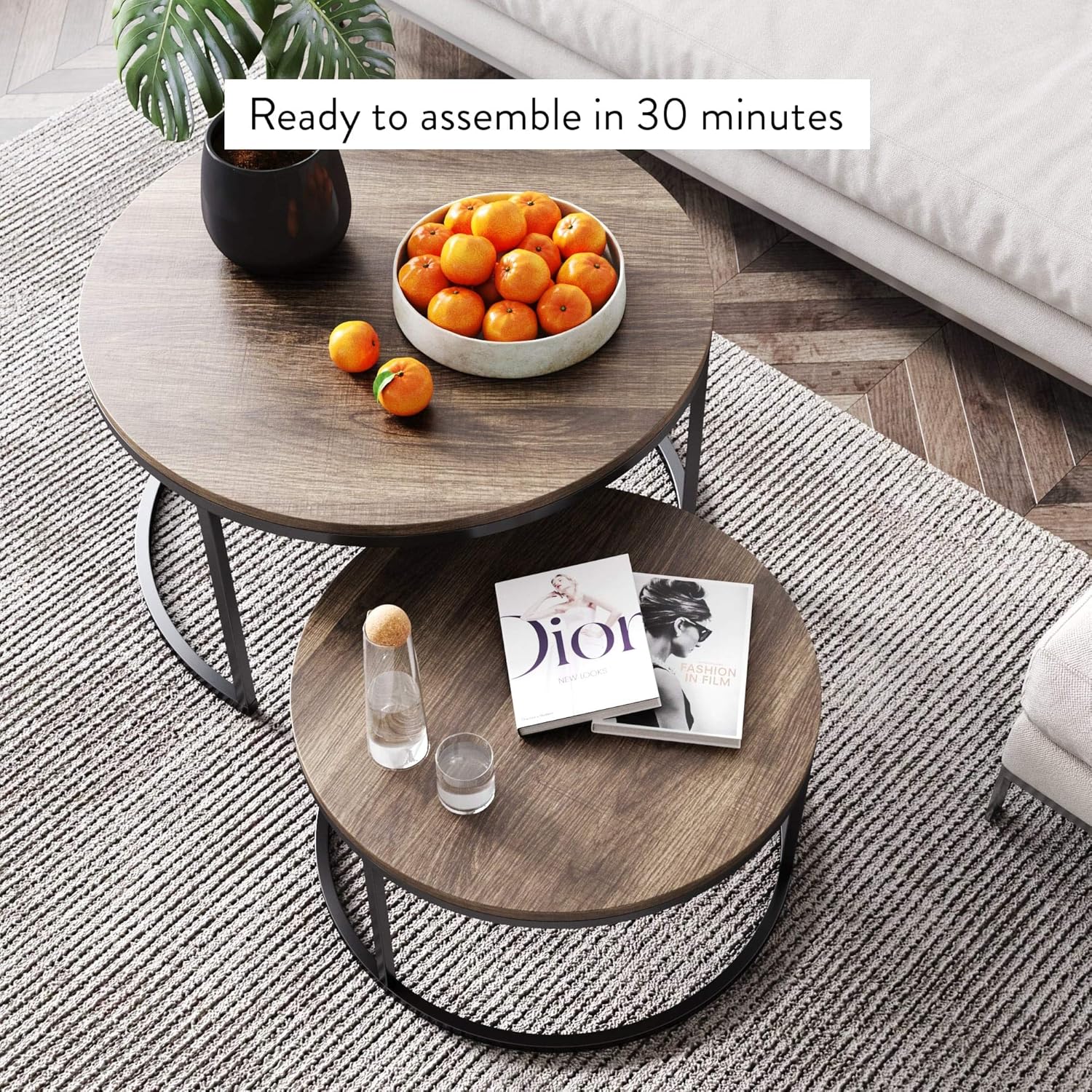 Nathan James Stella Round Modern Nesting Coffee Set of 2, Stacking Living Room Accent Tables with an Industrial Wood Finish and Powder Coated Metal Frame, Warm Nutmeg/Matte Black : Everything Else