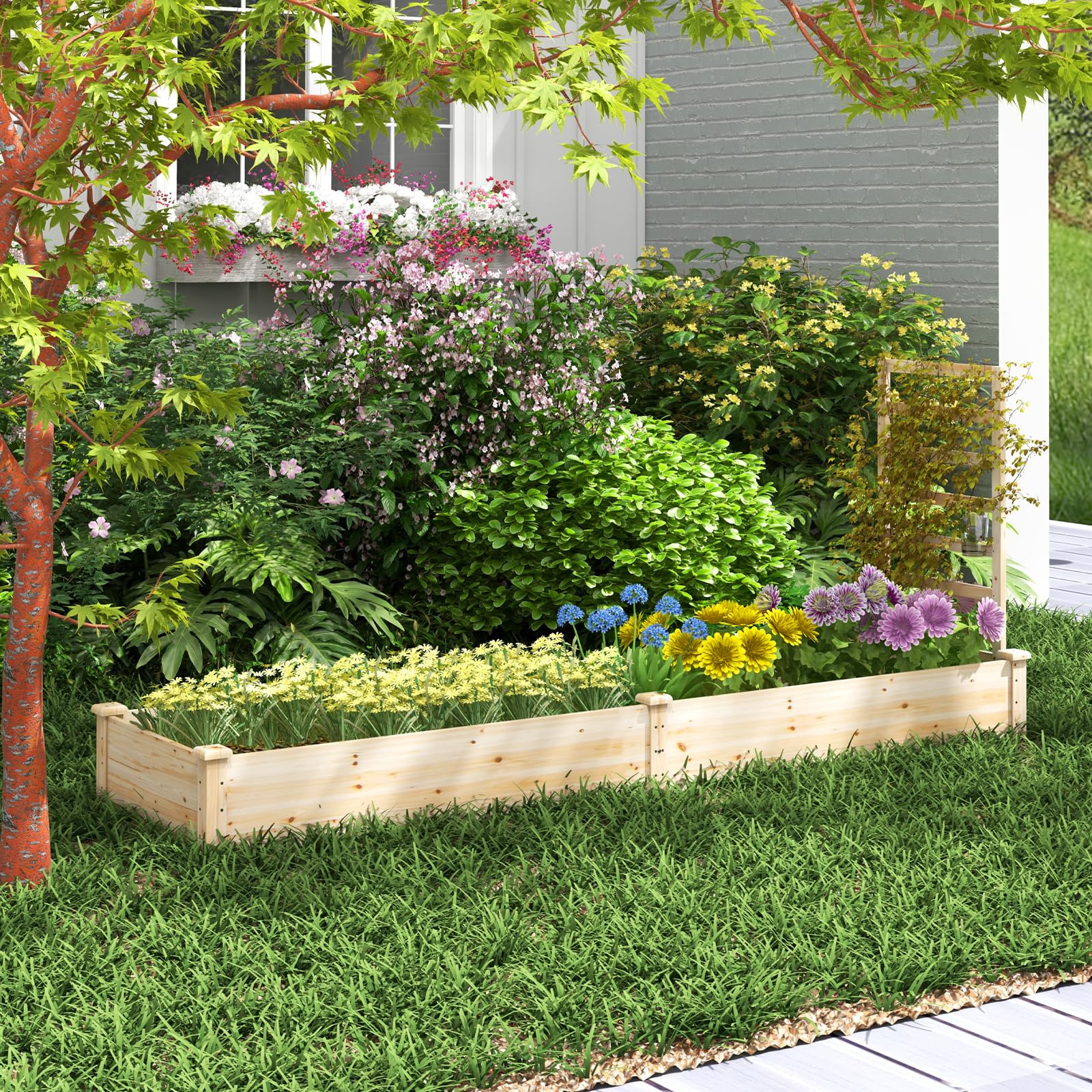 HOMASIS Fioriera con Traliccio in Legno di Pino, Aiuola Rialzata con Spalliera, Letto Rialzato da Giardino con Grigliato per Piante Rampicanti da Balcone (Naturale, 235 x 63 x 102 cm)
