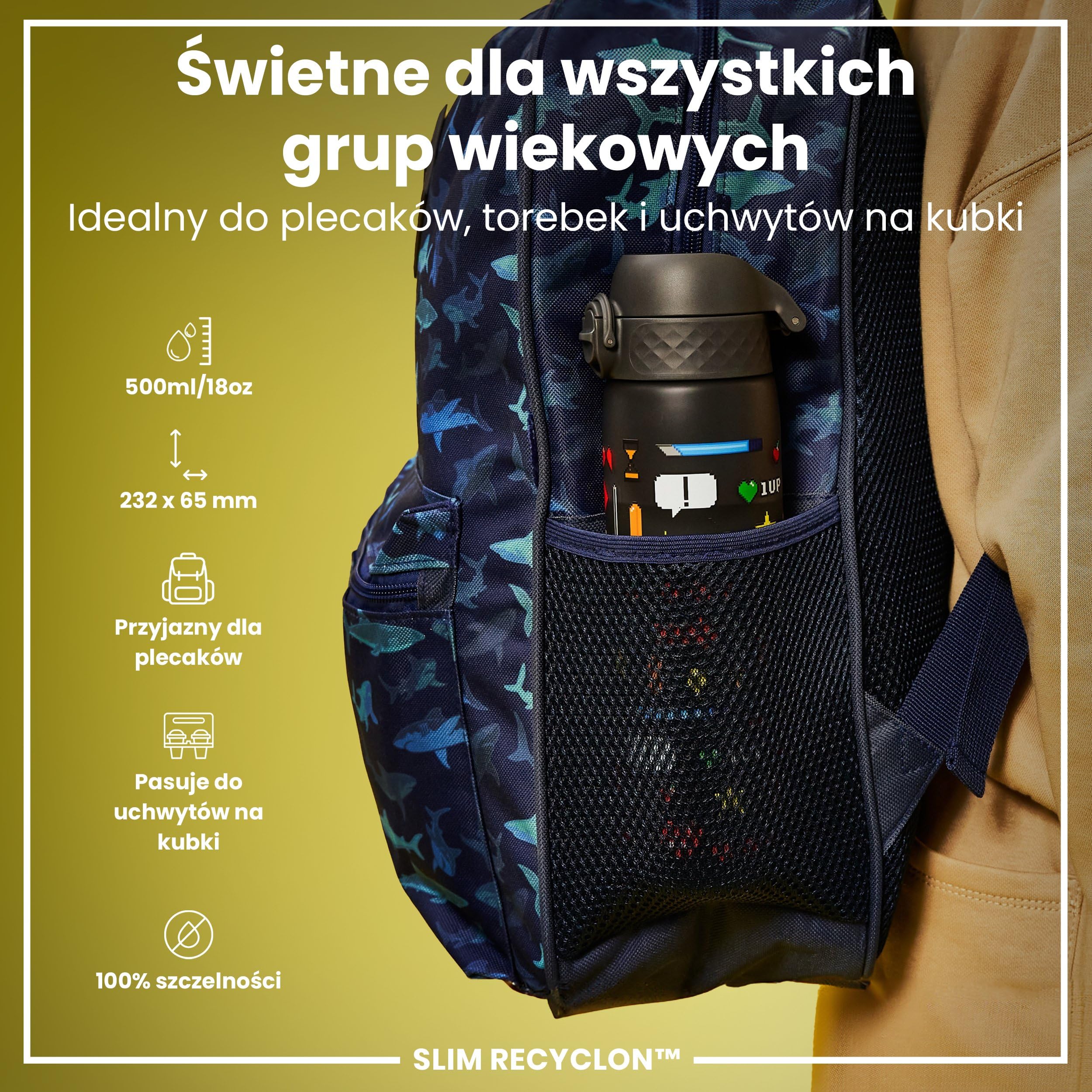 ION8 Butelka na Wodę, 500 ml/18 oz, Szczelna, Łatwe Otwieranie, Bezpieczny Zamek, Można Myć w Zmywarce, Bez BPA, Higieniczne Pokrycie, Uchwyt do Przenoszenia, Łatwa Czyszczenie, Bezwonny, Gracz