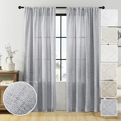 Miniatura 20 de Cortinas de lino semitransparentes con textura de cocina, 36 pulgadas de largo, cortinas pequeñas con bolsillo para barra, cortinas para cafetería