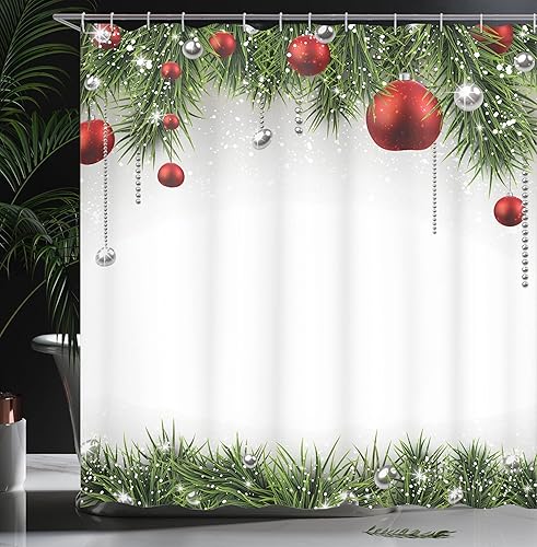 Miniatura 3 de Ambesonne - Cortina de regadera de Navidad, adornos clásicos de Navidad y adornos navideños con estampado de ramitas de oropel de pino de coníferas,