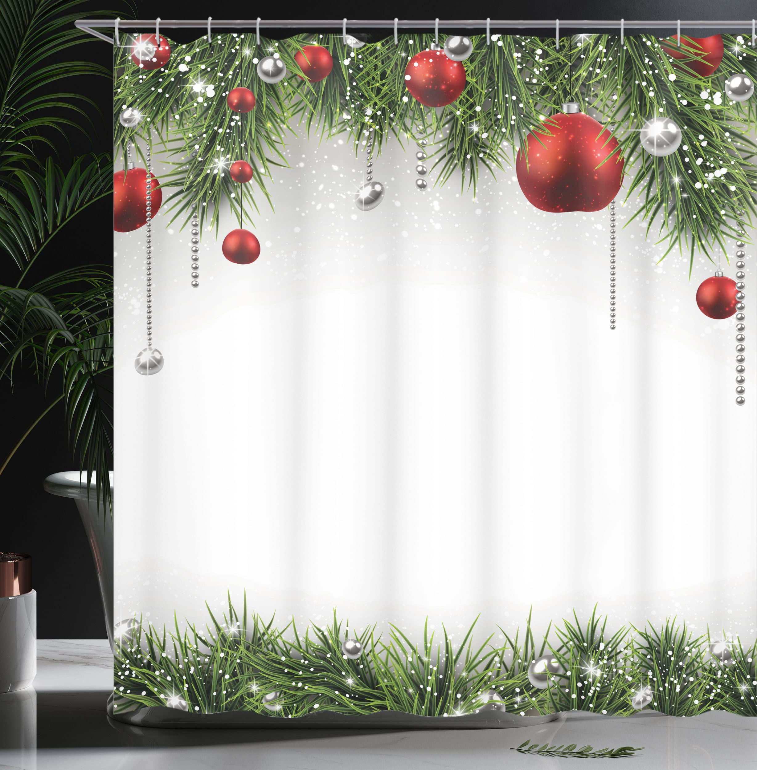 Weihnachts-Duschvorhang - Vintage Design Mit Roten Kugeln & Tannenzweigen, 183x198 Cm, Wasserdicht