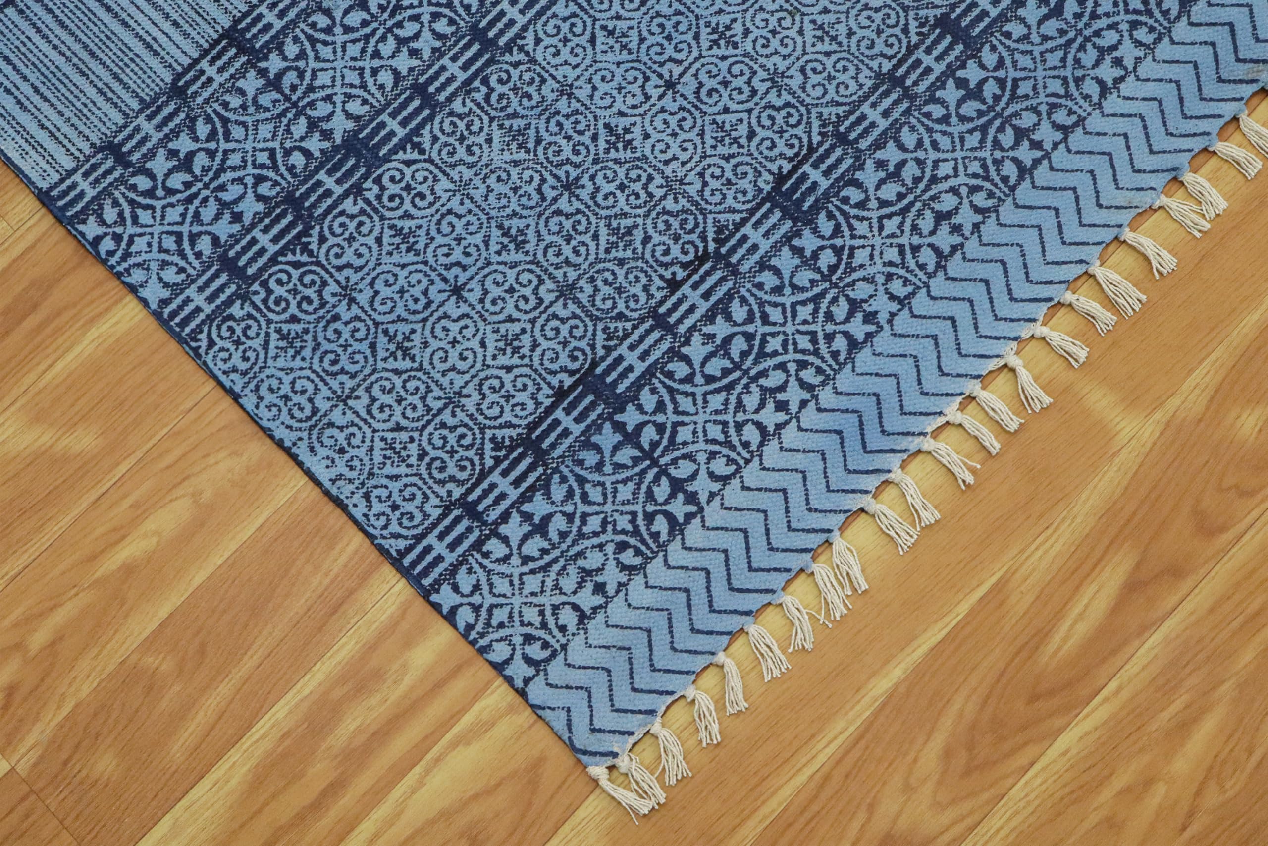 Bawełna Dhurrie 2 x 6 kilim bieżnik królewski niebieski geometryczny wzór ręcznie zmywalny chodnik 0,5 cm grubości, ręcznie robiony boho do użytku wewnątrz na zewnątrz, płaskie dywany do