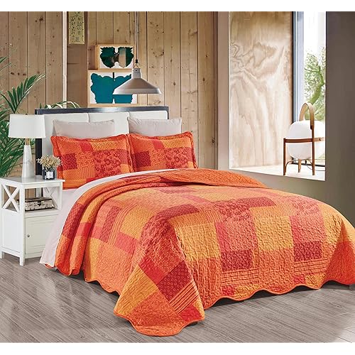 Grand Linen 3-Piece California Cal King Size Wave Edged Oversized Quilt Set 118" X 95" All-Season Large Bedspread Pillow Shams Lightweight Soft Coverlet Orange Red Colors Patchwork Pattern
