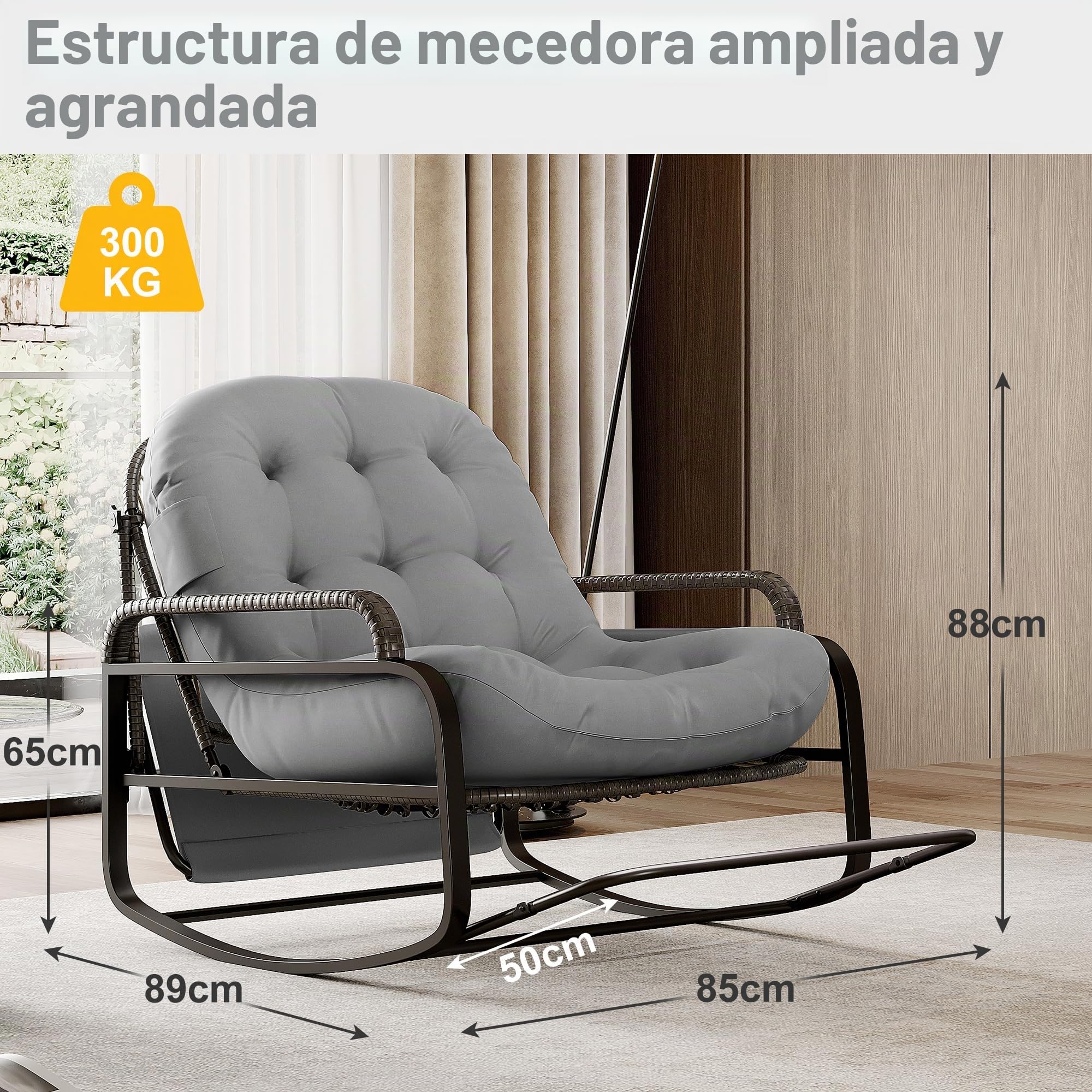 Sillón mecedora exterior interior, silla de salón de ratán PE con cojín acolchado y toldos, mecedora para dormitorio, salón, jardín, terraza (gris)