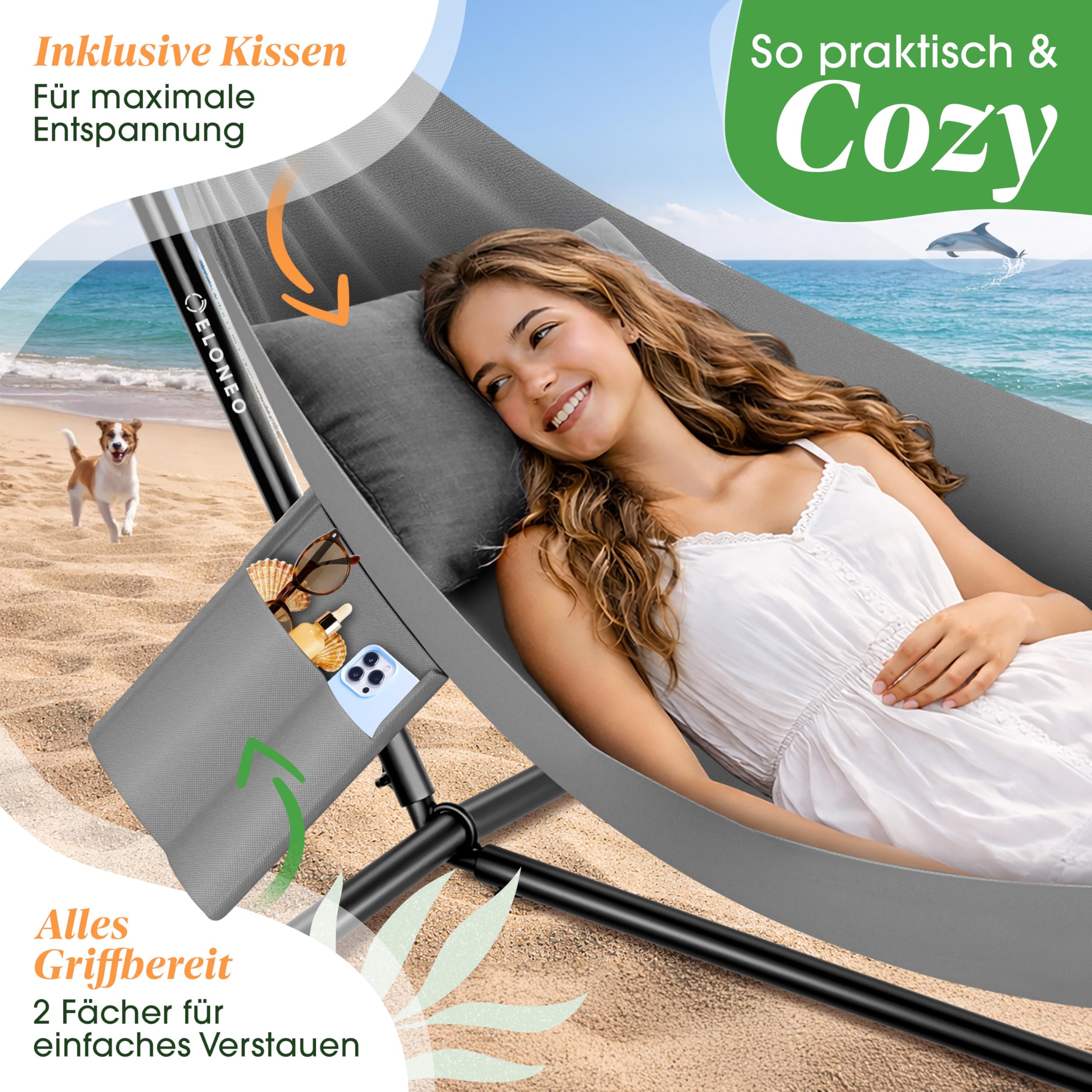 ELONEO Hängematte mit Gestell für 2 Personen | 200 kg Belastbarkeit | höhenverstellbares Hängemattengestell Outdoor und Indoor | Hammock inklusive Kissen, Tragetasche und Beutel - 5