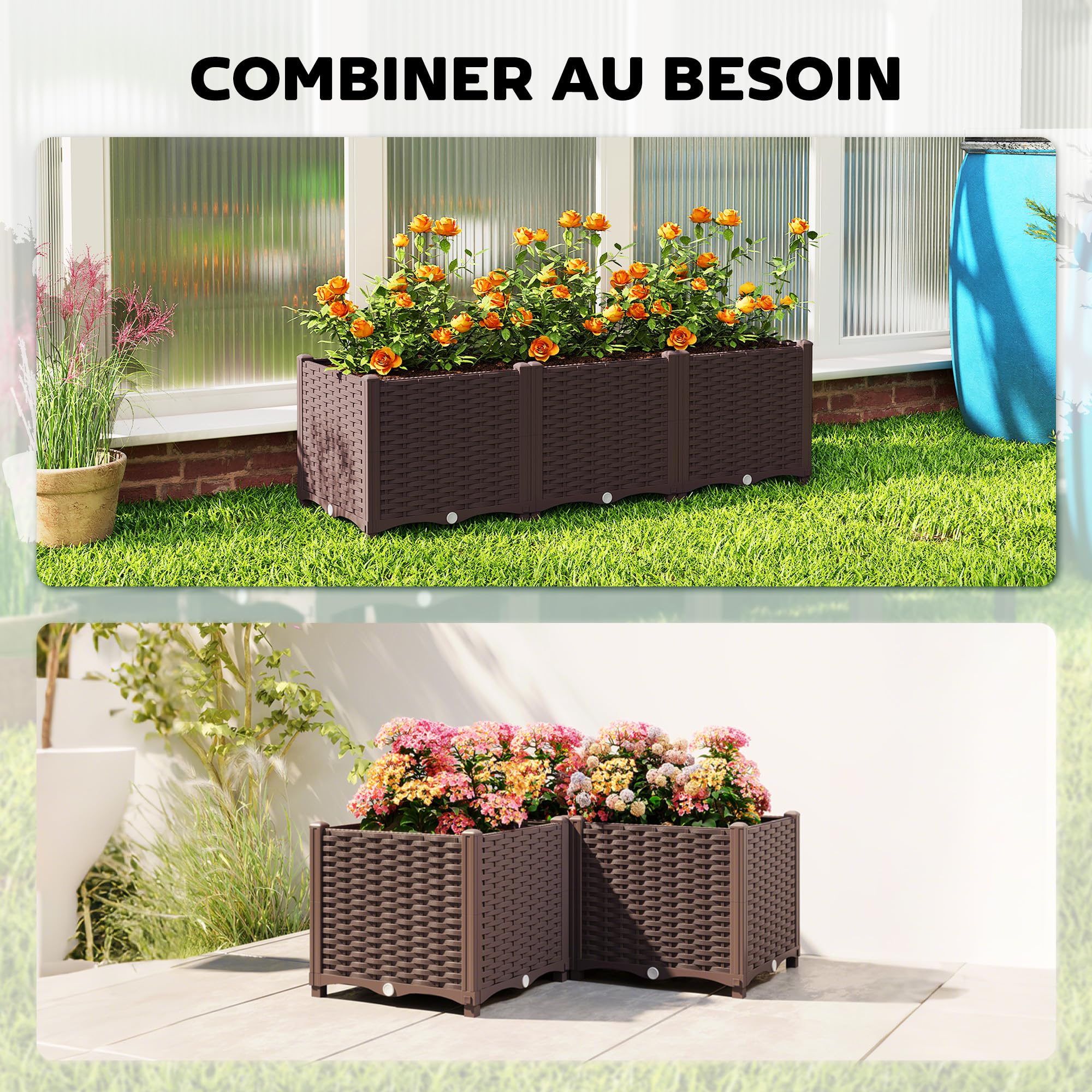 Outsunny Jardinière surélevée, lit de Jardin en Plastique, jardinières Auto-irrigantes avec Trous de Drainage et Bouchons, Montage Facile pour légumes, Fleurs, Herbes, 120 x 40 x 37 cm, Marron