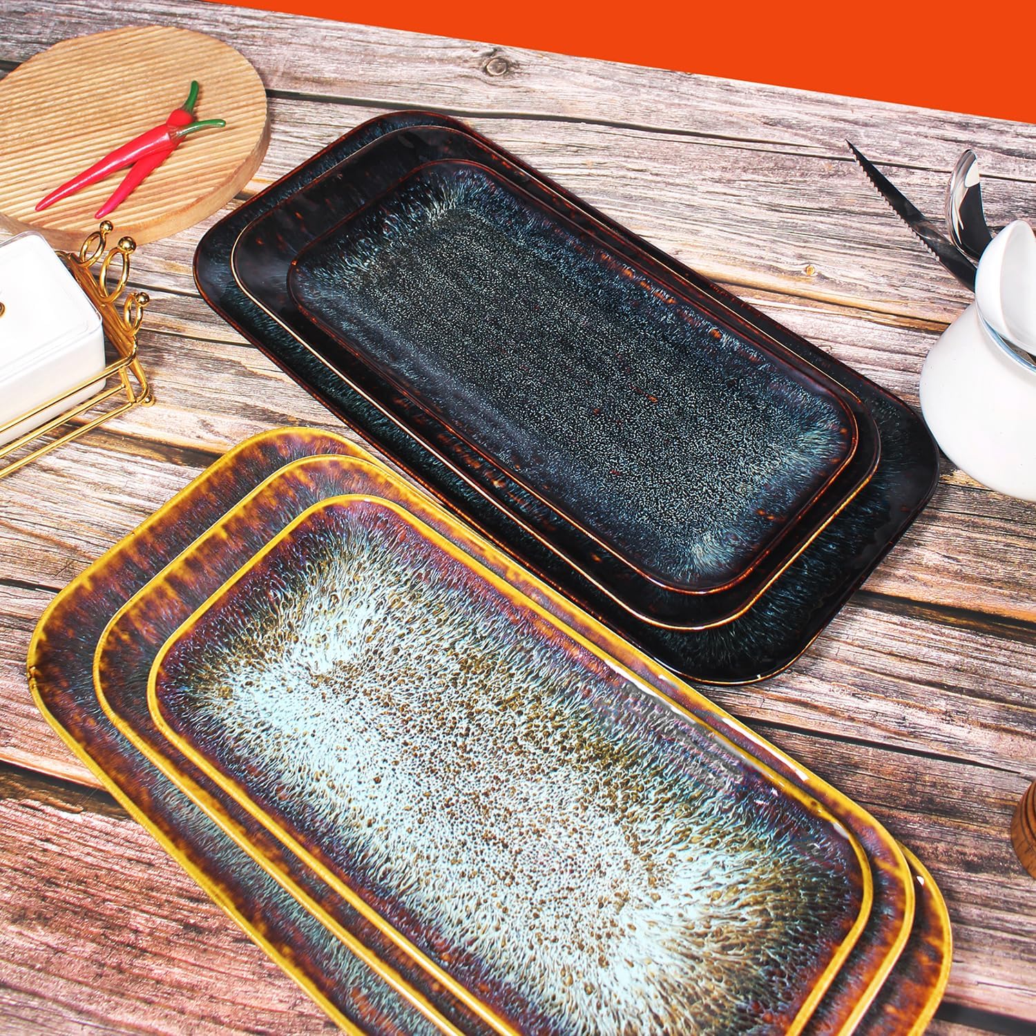 Porcelain Dinner Plates Platters Set of 2, for Fruit, dessert, snack platter, Bread, cupcake, Salad - Microwave, Dishwasher Safe, Scratch Resistant durable, Brown Reactive glaze - Image 7