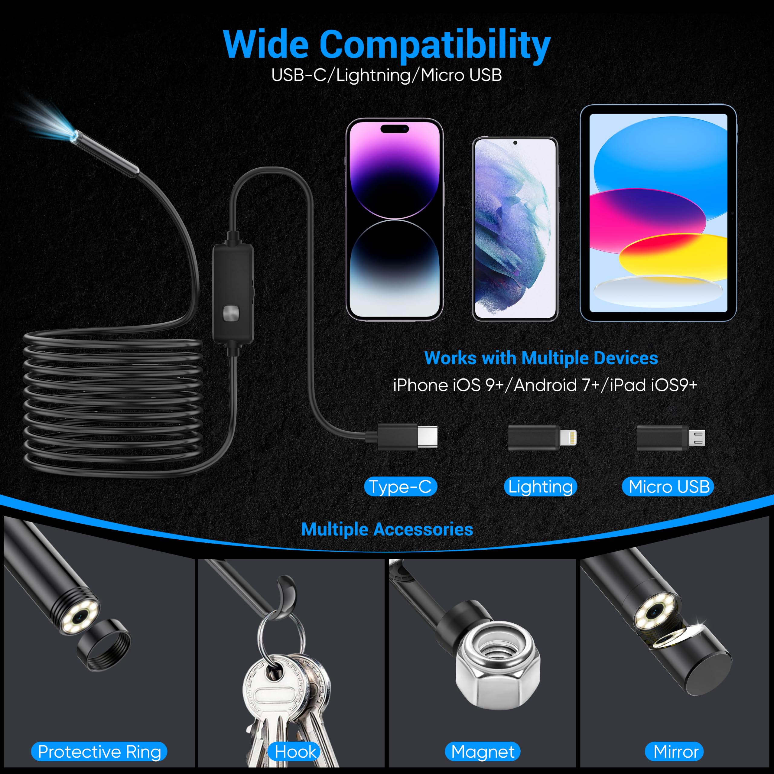 Endoscope Camera with Light,1920P HD Borescope with 8 Adjustable LED Lights — Amazon image 5