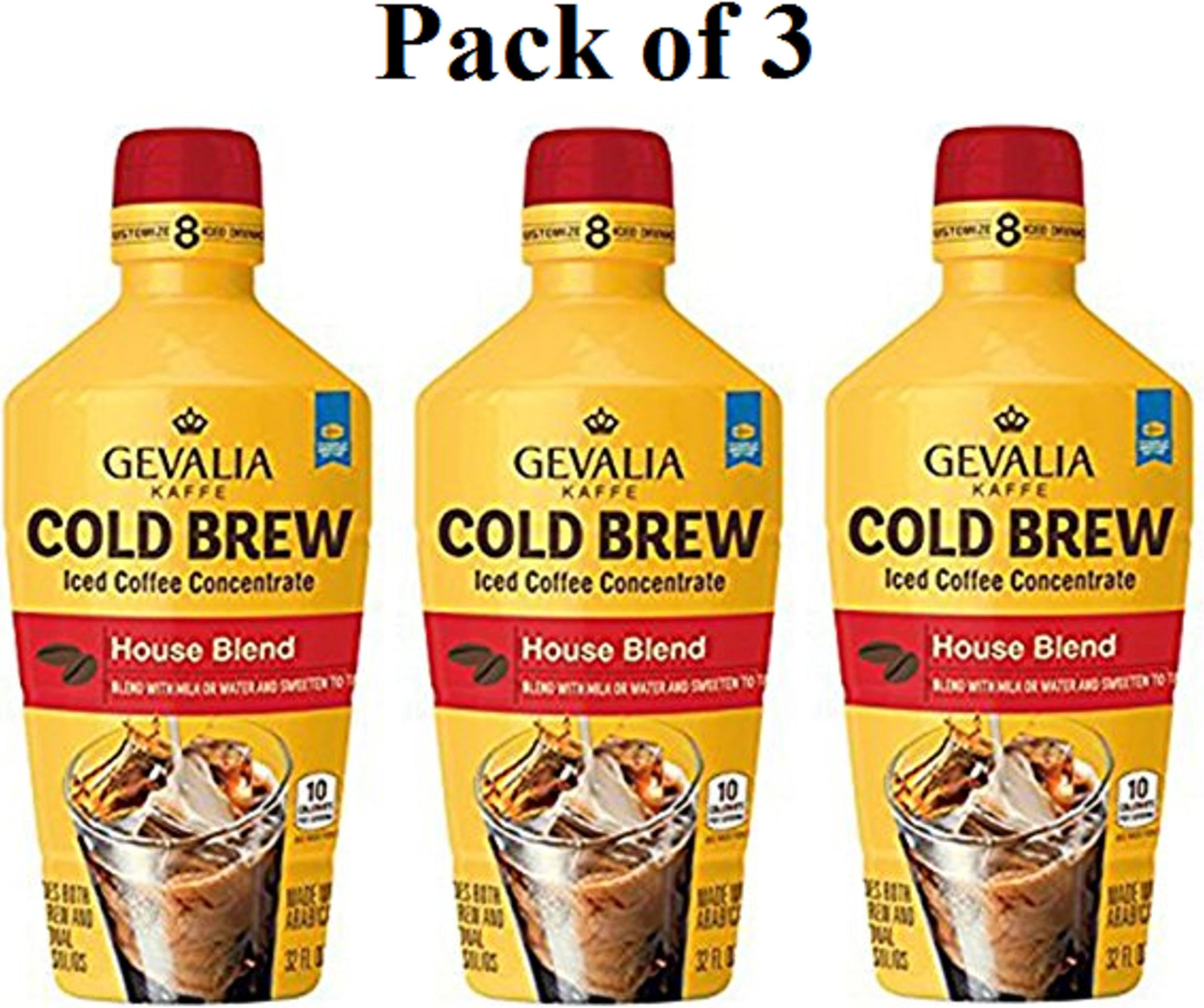 Gevalia Cold Brew House Blend Iced Coffee Concentrate, Pack of 3 x 32 Fl Oz.